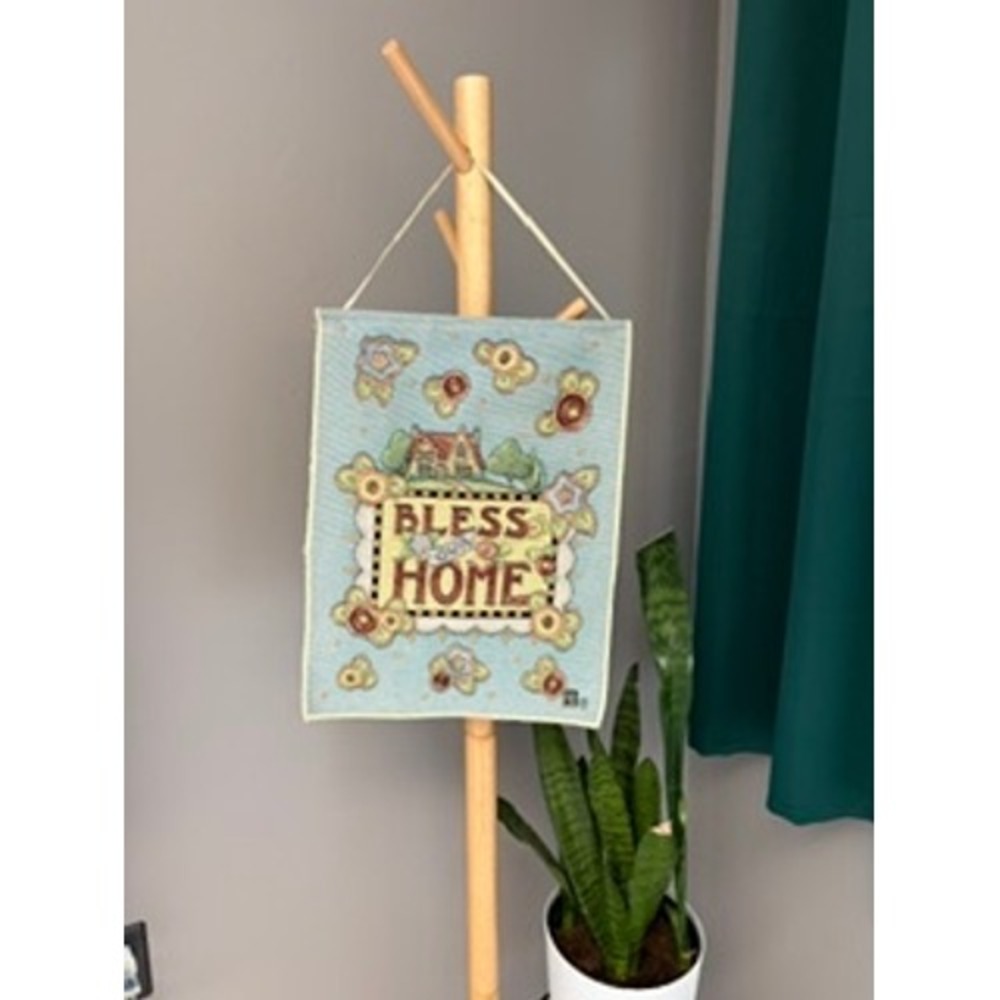 Bless Our Home Woven Tapestry Wall Hanging Cottage Floral Blue 9x12 Granny